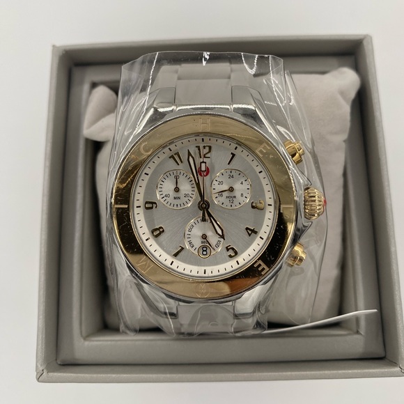 Michele Accessories - MICHELE Silver Dial Wheat Silicone Strap Ladies 38mm Jellybean Chronograph Watch